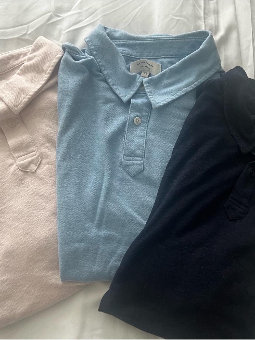 Banana Republic Men's Linen Blend Polo Trio (3) in Light Blue, Pale Pink, Navy